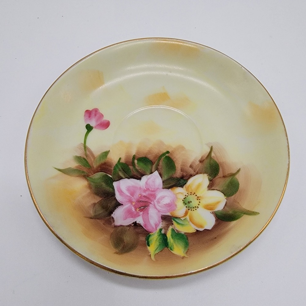 Vtg Enesco Floral Pedestal Cup & Saucer Set Gold Trim Accents Hand Painted E1432 - Picture 10 of 13